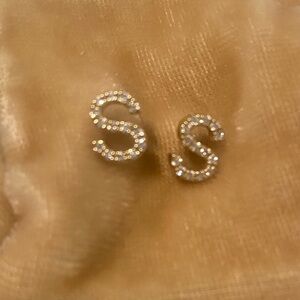 SOLD M Jewelers Diamond Letter Initial Stud Earrings Pair "S" 14K Solid Gold